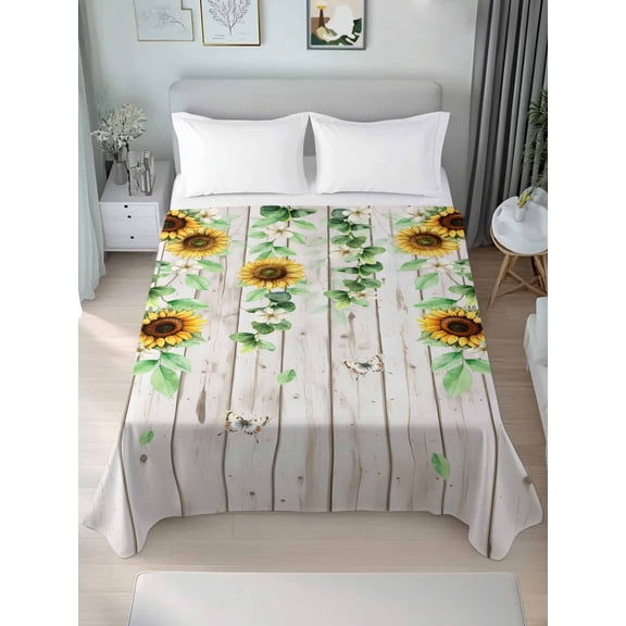Sunflower Queen Size Flat Sheet, Wrinkleproof & Fadeproof Cooling Flat Bed Sheet Only, Green Botanical Summer Spring Vintage Breathable Soft Bedding Top Sheets 90 x 102 Inches
