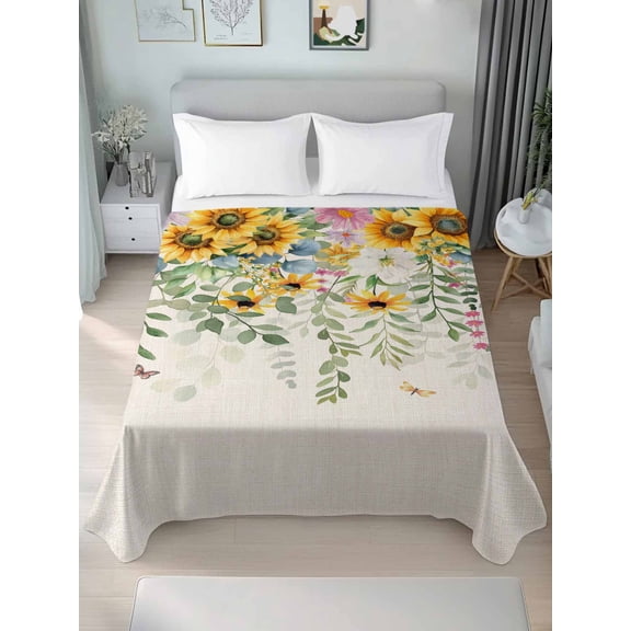 Sunflower Queen Size Flat Sheet, Wrinkleproof & Fadeproof Cooling Flat Bed Sheet Only, Rustic Summer Botanical Eucalyptus Leaf Breathable Soft Bedding Top Sheets 90 x 102 Inches
