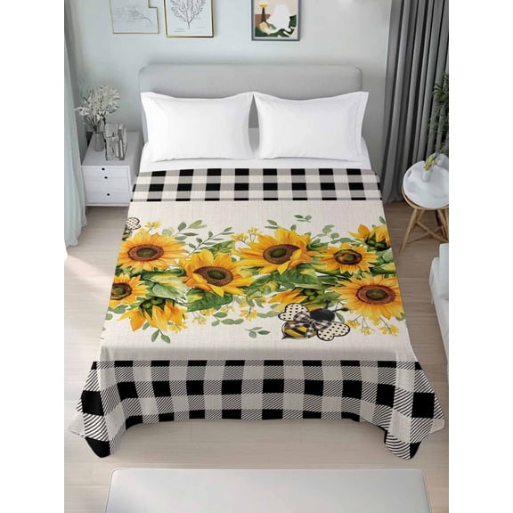 Sunflower Queen Size Flat Sheet, Wrinkleproof & Fadeproof Cooling Flat Bed Sheet Only, Summer Botanical Bee Rustic Black Plaid Breathable Soft Bedding Top Sheets 90 x 102 Inches