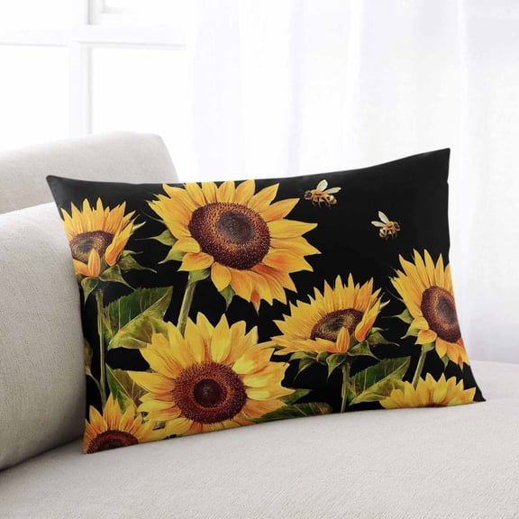 Sunflower Queen Size Pillow Cover, Pillowcase Protectors with Zipper, Breathable Decorative Throw Pillow Case Cover, Summer Bee Botanical Floral Black Pillow Shams for Couch Sofa 20x30Inch