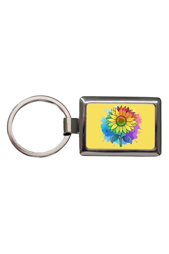 Sunflower Rainbow Watercolor Metal Rectangle Keychain