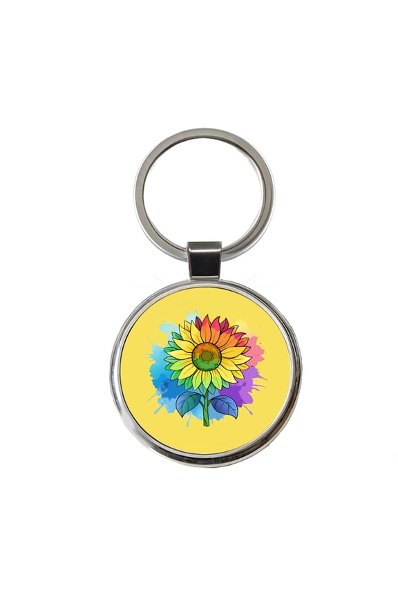 Sunflower Rainbow Watercolor Metal Round Keychain