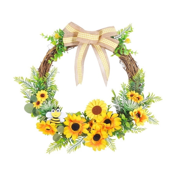 Sunflower Rattan Wreath with Bee Decorations Spring Summer Front Door Hanging Garland