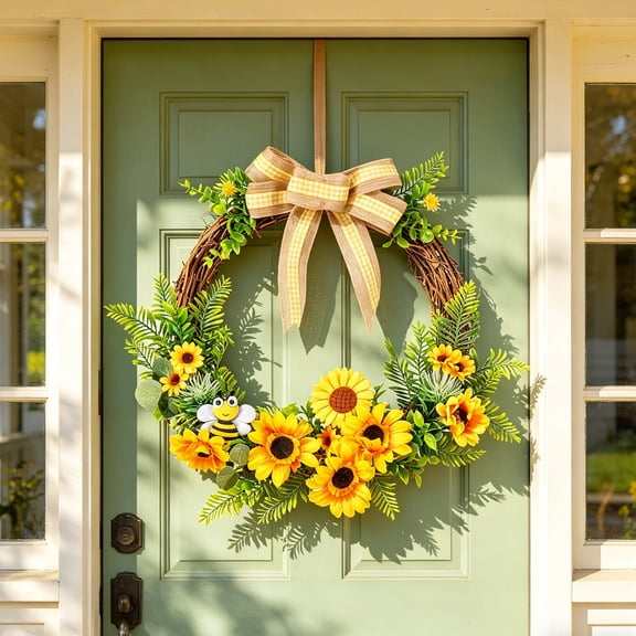 Sunflower Rattan Wreath with Bee Decorations for Summer Home Garden Door