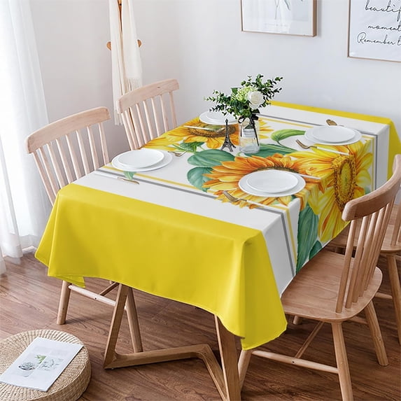 Sunflower Rectangle/Square/Round Waterproof Tablecloths 60x102 inch Watercolor Summer Flower Botanical Yellow Striepd Polyester Table Cloth Table Cover Tabletop for Wedding Party Dinner