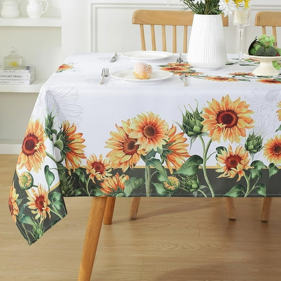 Sunflower Rectangle Tablecloth 60"x84" Waterproof Stain Resistant Green Border, Decorative Polyester Fabric Cover for Fall Dining, Party, Indoor/Outdoor