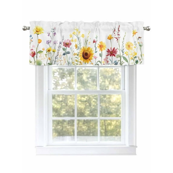 Sunflower Red Flower Green Leaves Valances Curtain Kitchen Rod Pocket Short Panels Window Treatment Topper Curtains for Living Bedroom 1 Panel 42x18 inch