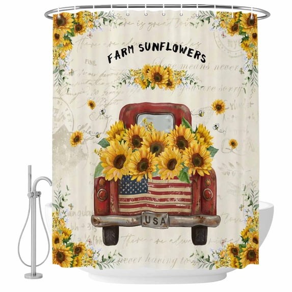 Sunflower Red Truck Fabric Shower Curtain Vintage Floral Leaf Washable Shower Curtains for Bathroom, Waterproof Bath Curtain with Hooks Home Decor 36x72in