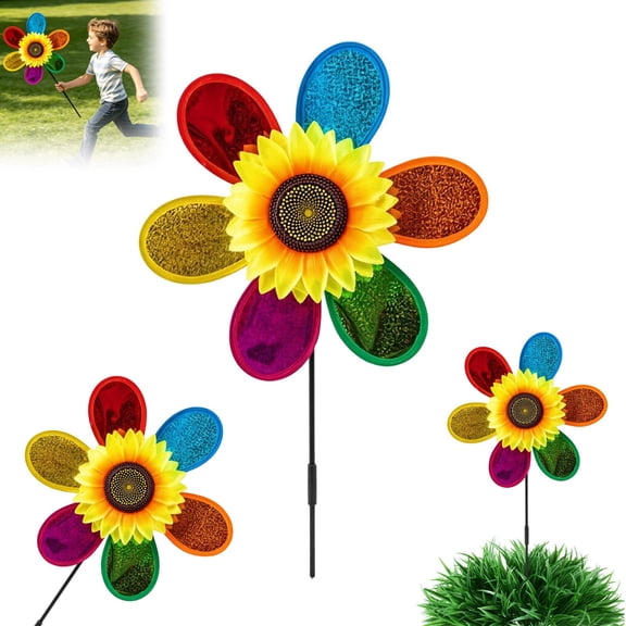 Sunflower Reflective Wind Spinner Garden Stake Plastic Rotating Wind Ornament for Outdoor Yard Lawn Bird Repellent Landscape Decor Insert 12.2 Inch