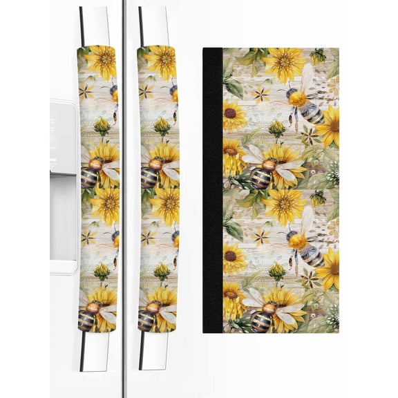 Sunflower Refrigerator Door Handle Covers Set of 2, Vintage Summer Bee Botanical Farmhouse Kitchen Fridge Microwave Oven Dishwasher Stove Cabinet Handle Protectors, Washable Appliance Decor