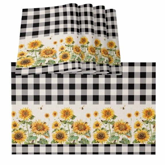 Sunflower Retro Buffalo Plaid Black White Country Bee Burlap Kitchen Place Mats Waterproof Cloth Table Mats, Indoor Outdoor Placemats Easy Clean Dinner Decor
