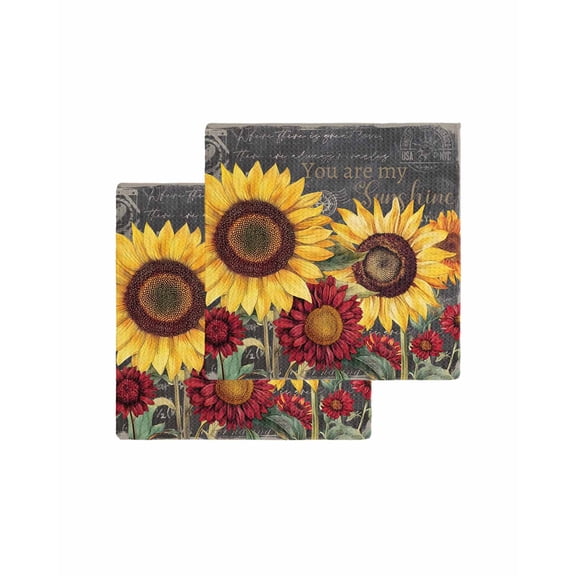 Sunflower Retro Kitchen Dish Towels for Drying Dishes Set of 2, Spring Summer Rustic Flowers Botanical Waffle Weave Microfiber Terry Hand Tea Bathroom Towels Quick Dry & Absorbent Towel 12x12