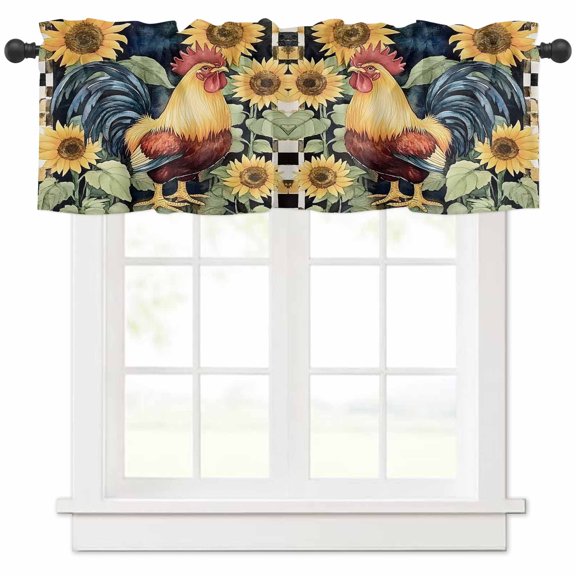 Sunflower Retro Rooster Valances for Windows Farmhouse Kitchen Curtains Valances Rod Pocket Valance Curtains for Kitchen Windows Farmhouse Animals Watercolor Window Valances for Bathroom 54"x18"