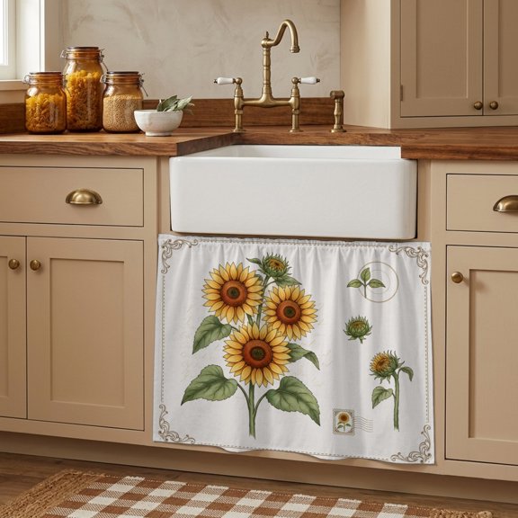 Sunflower Retro Small Cabinet Curtains 11"W x 13"L, Farmhouse Flowers Blossom Botanical Sink Skirt Dust-Proof Short Curtain for Bathroom Vanity Storage Cubby Desk, Self Adhesive Privacy Drapes