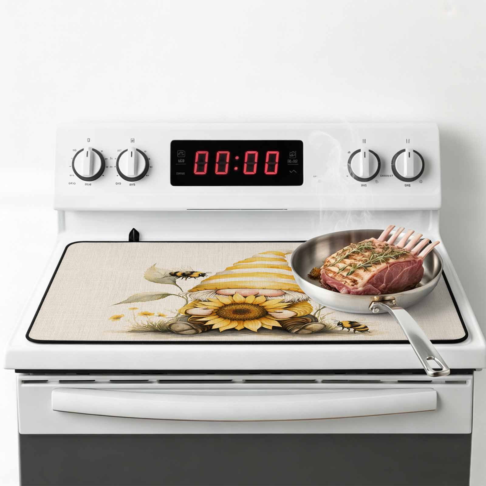 Sunflower Retro Stove Top Cover for Electric Stove, Heat-proof & Non Slip Glass Top Stove Cover Protector, Yellow Gnomes Bee Beige Vintage Art Kitchen Flat Cooktop Rubber Mat 24x21 Inches