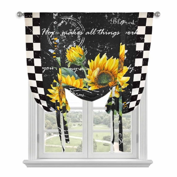 Sunflower Retro Tie Up Curtain 63 Inches Long, Florals Bee Farmhouse Black Buffalo Plaid Balloon Style Kitchen Window Curtain Over Sink, Small Window Rod Pocket Curtain 42"x63"