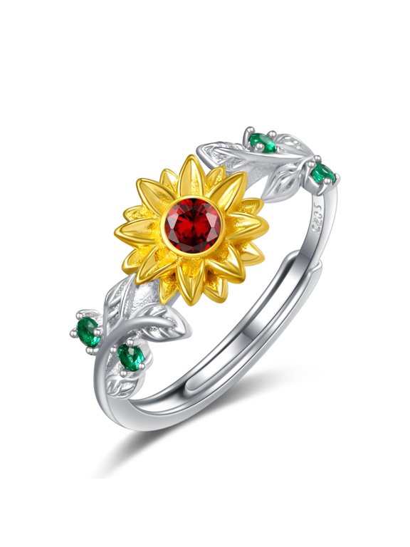 Sunflower Ring Sterling Silver Sunflower Rings for Women Birthstone Jewelry Gifts for Women Adjustable Red Garnet Ring January Birthstone Rings