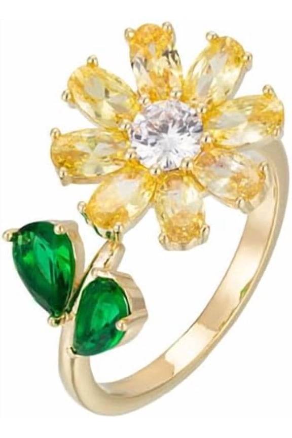 Sunflower Ring for Women Yellow Crystal Flower Leaf Wrap Finger Band Cubic Zirconia Open Statement Ring Engagment Eternity Wedding Band Fashion Jewelry