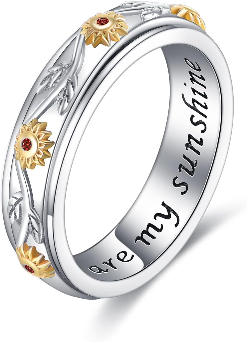 Sunflower Rings for Women 925 Sterling Sliver Fidget Spinner Ring Sun Flower Anxiety Rings Sunflower Jewelry for Women