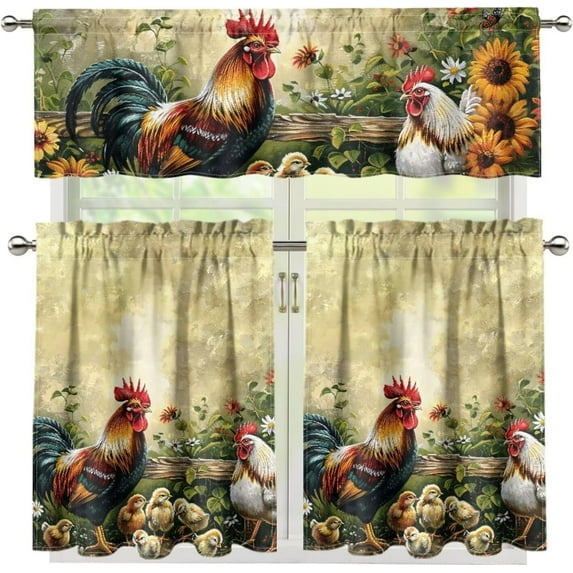 Sunflower Rooster 3-Piece Tier Curtains 36 Inch Long Country Kitchen Curtains Set Tab Top for Small Window Bathroom Farmhouse 54" x 18"