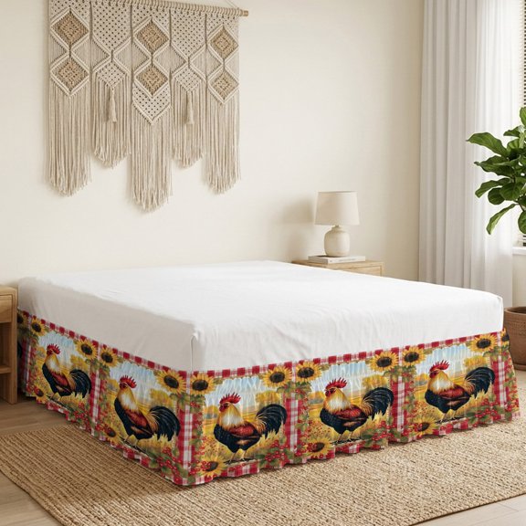 Sunflower Rooster Bed Skirt 18 Inch Drop, Farmhouse Animal Floral Berry Rustic Country Red Plaid Wrap Around Dust Ruffle Bedskirt with Adjustable Elastic Belt for California King Size Beds