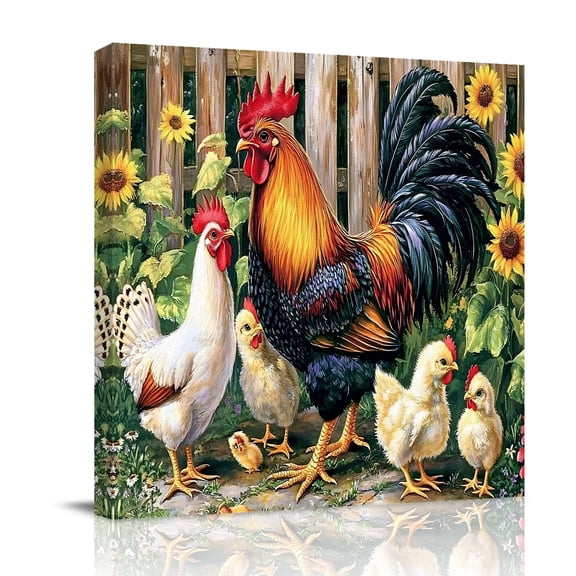 Sunflower Rooster Canvas Wall Art for Living Room, Farmhouse Hen Chick Animal Flower Rustic Country Retro Poster Print Painting for Bedroom Office Home Decoration Wall Pictures Prepare To Hang 8"x8"