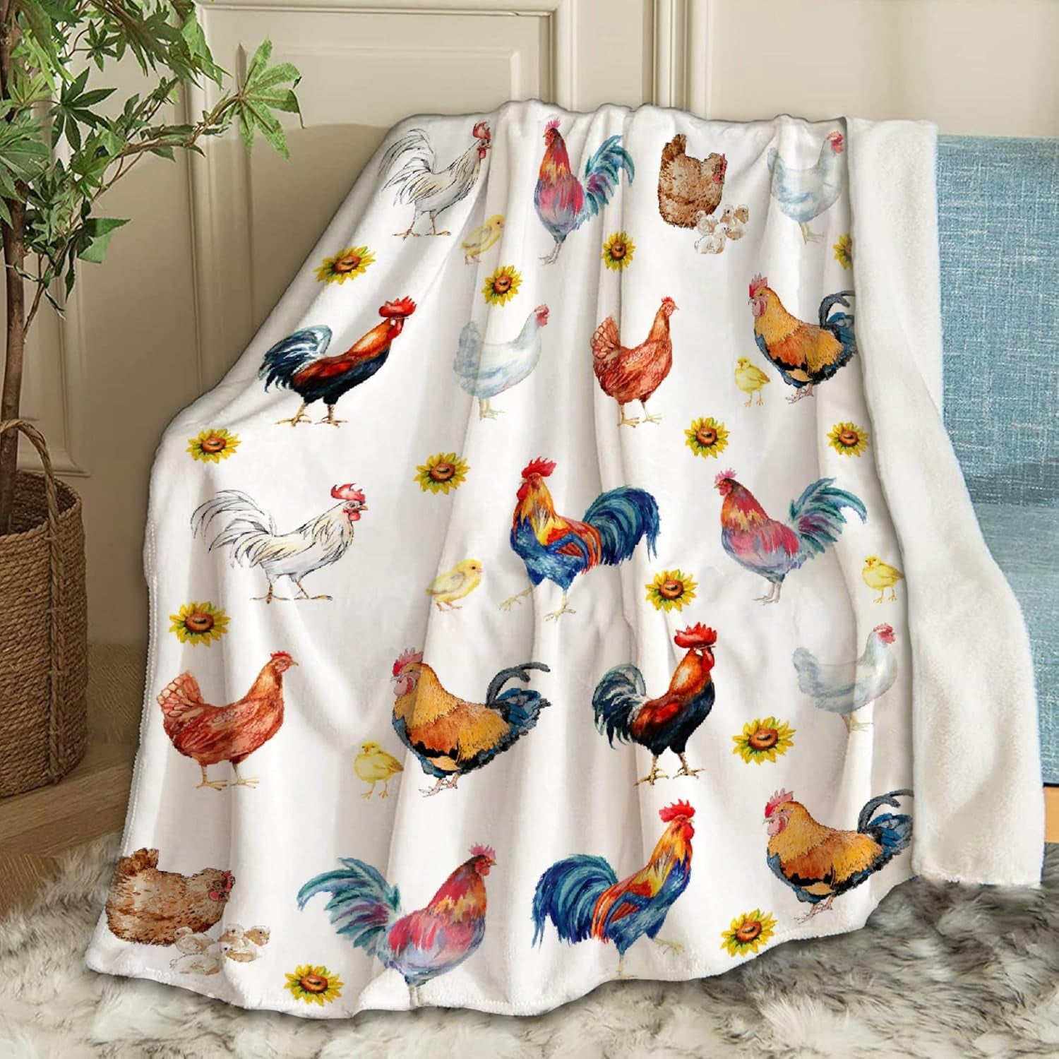 Sunflower Rooster Chickens Blanket Gifts Plush Fuzzy Cozy Soft Lightweight Blankets for Couch Air-Conditioning Quilts Decor Blanket for Chirstmas Gifts 60"x50" for Teens