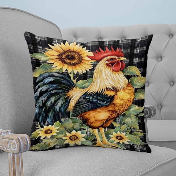 Sunflower Rooster Decorative Pillowcase 26''x26'', Retro Plaid Summer Flower Watercolor Throw Pillow Covers Soft Cushion Case for Couch Sofa Bedroom Living Room, Pillowcase Boho Decor