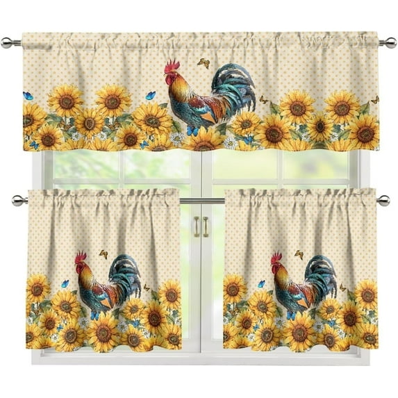 Sunflower Rooster Kitchen Curtains and Valances Set Tier Curtains 24 Inch Length Living Room Bedroom Bathroom Farmhouse Rustic Country Curtains 3 Piece Set Rod Pocket