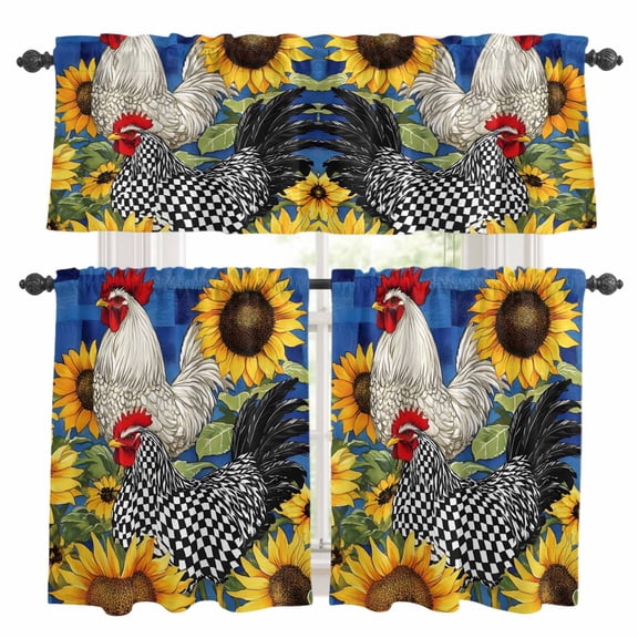 Sunflower Rooster Kitchen Curtains Valances and Tiers Set of 3 Country Black White Checkerboard Chicken Farmhouse Tier Curtains and Valance with Rod Pocket for Small Windows, 27.5"x24"