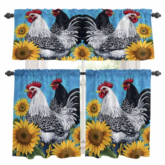 Sunflower Rooster Kitchen Curtains Valances and Tiers Set of 3 Country Watercolor Black White Chicken Farmhouse Tier Curtains and Valance with Rod Pocket for Small Windows, 27.5"x24"