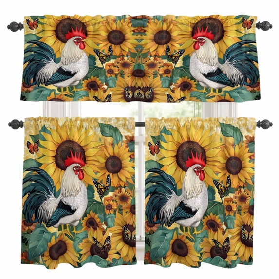 Sunflower Rooster Kitchen Curtains Valances and Tiers Set of 3 Farm Animal Rustic Floral Butterfly Country Tier Curtains and Valance with Rod Pocket for Small Windows, 27.5"x36"