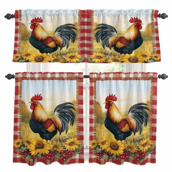 Sunflower Rooster Kitchen Curtains Valances and Tiers Set of 3 Farmhouse Animal Rustic Floral Berry Country Red Plaid Tier Curtains and Valance with Rod Pocket for Small Windows, 27.5"x24"