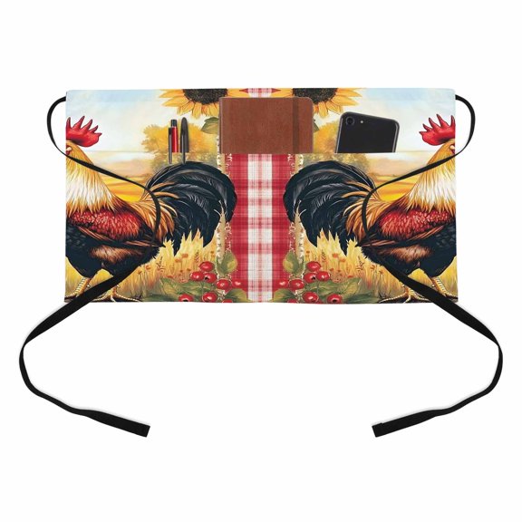 Sunflower Rooster Kitchen Restaurant Half Waist Apron, Farmhouse Animal Floral Berry Rustic Country Red Plaid Server Short Apron with 3 Pockets Waterproof Oil Waist Aprons for Women Waitress Waiter