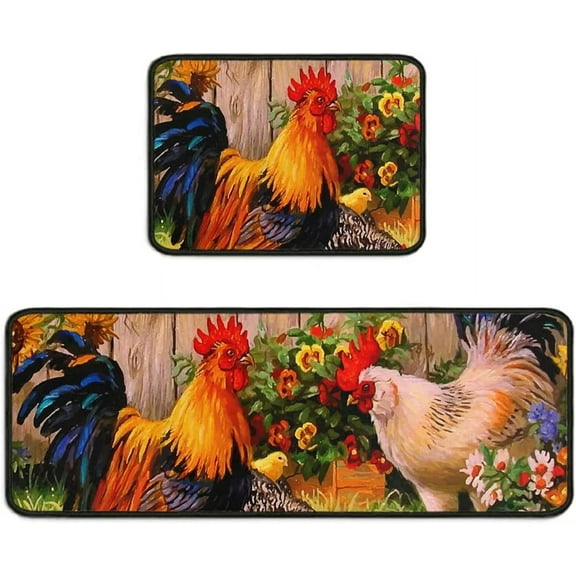 Sunflower and Rooster Kitchen Rugs Mat Farmhouse Style Sunflower Rug Rooster Rugs Anti Fatigue Kitchen Rug Set PVC Non Slip Waterproof Washable Rug (17"x47.2"+17"x23.6")