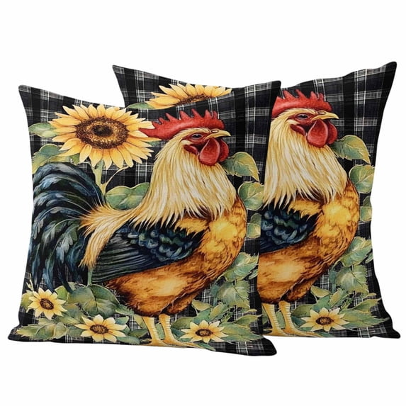 Sunflower Rooster Pillow Covers 2 Pack Vintage Pastoral Animals Flower Leaf Farm Country Pillowcase Waterproof Outdoor Throw Pillow Cover for Patio Garden Square Cushion 18”x18”