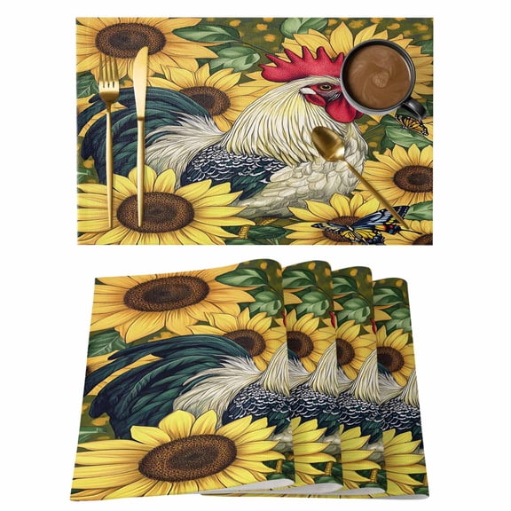 Sunflower Rooster Placemats Set of 2, Farmhouse Animal Butterfly Rustic Country Non-Slip Place Mats Washable Table Mats for Kitchen Dining Table Decorations Indoor/Outdoor