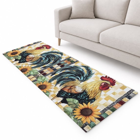 Sunflower Rooster Runner Rug 2'x6', Farmhouse Country Rustic Floral ...