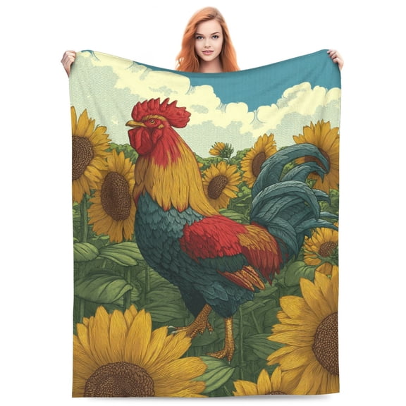 Sunflower Rooster Throw Blanket with Bright Summer Garden Design, Soft Flannel Fleece for Kitchen, Porch & Home Décor 50x40