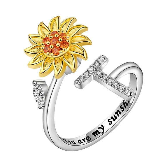 Sunflower Rotating Open Ring with 26 Letters Adjustable Stress Relief Decompression Anxiety Ring for Women Unique Fidget Jewelry Holiday Gift Ideas & Budget Picks