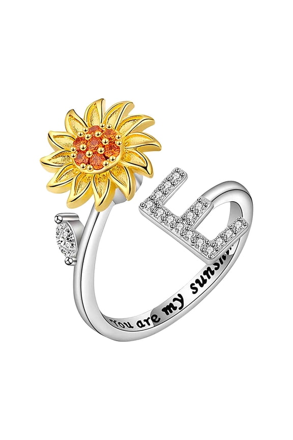 Sunflower Rotating Open Ring with 26 Letters Adjustable Stress Relief Decompression Anxiety Ring for Women Unique Fidget Jewelry Christmas Gift