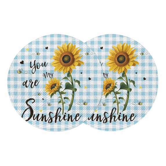 Sunflower Round 13 Inch Placemats Set of 2, Blue Plaid Farmhouse You Are My Sunshine HeatResistant Non Slip Place Mats for Dining Table, Wipeable Braided Kitchen Table Mats for Housewarming