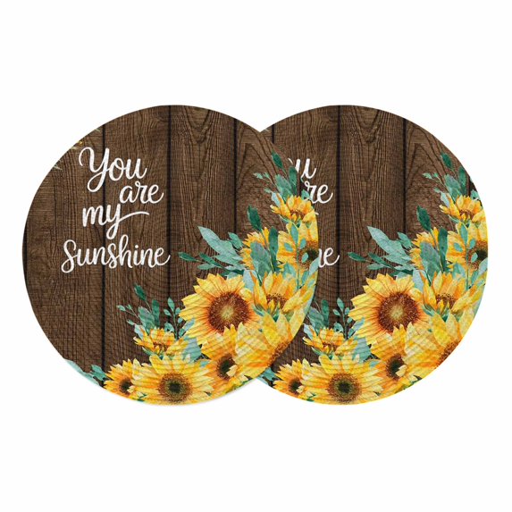 Sunflower Round 13 Inch Placemats Set of 2, Summer Botanical Yellow Floral Brown Wooden HeatResistant Non Slip Place Mats for Dining Table, Wipeable Braided Kitchen Table Mats for Housewarming