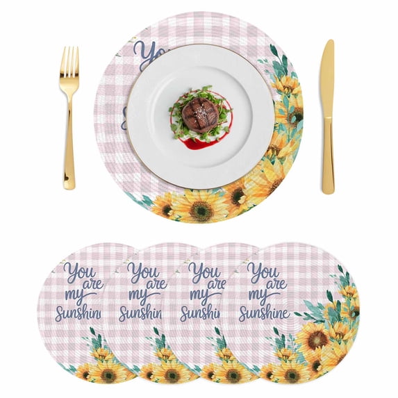 Sunflower Round 13 Inch Placemats Set of 4, Summer Botanical Yellow Floral Purple Plaid HeatResistant Non Slip Place Mats for Dining Table, Wipeable Braided Kitchen Table Mats for Housewarming