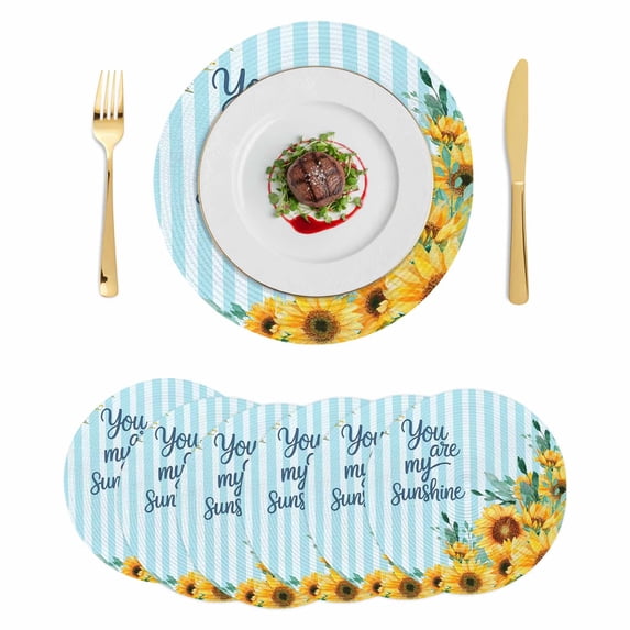 Sunflower Round 13 Inch Placemats Set of 6, Summer Botanical Yellow Floral Blue Striped HeatResistant Non Slip Place Mats for Dining Table, Wipeable Braided Kitchen Table Mats for Housewarming