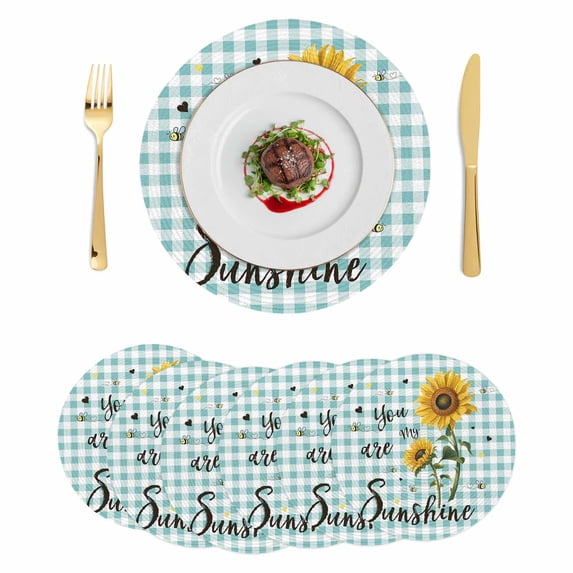 Sunflower Round 13 Inch Placemats Set of 6, Teal Green Check You Are My Sunshine Bee HeatResistant Non Slip Place Mats for Dining Table, Wipeable Braided Kitchen Table Mats for Housewarming