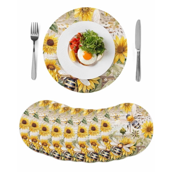 Sunflower Round 13 Inch Placemats Set of 8, Vintage Summer Bee Botanical Farmhouse HeatResistant Non Slip Place Mats for Dining Table, Wipeable Braided Kitchen Table Mats for Housewarming