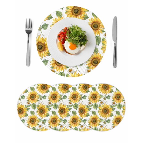 Sunflower Round 15 Inch Placemats Set of 4, Farmhouse Watercolor Botanical Summer HeatResistant Non Slip Place Mats for Dining Table, Wipeable Braided Kitchen Table Mats for Housewarming
