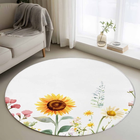 Sunflower Round Area Rug 3.3 FT, Non Slip Small Entryway Kitchen Mat, Yellow Summer Botanical Country Washable Soft Circular Rug Non-Shedding Door Mat for Bathroom Playroom Kids Room