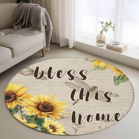 Sunflower Round Area Rug 3 FT, Small Kitchen Bathroom Mat, Yellow Floral Washable Indoor Outdoor Throw Runner Carpet Doormat for Table Shower Sofa Entryway